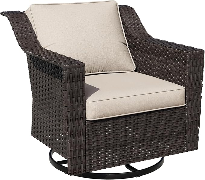 Outdoor Furniture Swivel Chair, Patio Glider Wicker Rocker Seating with Cushions for Porch Deck Balcony (Beige)