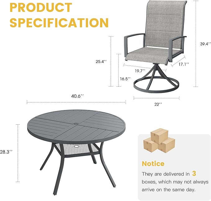 VICLLAX Patio Dining Set for 4, 4 Seats Outdoor Furniture Includes 40.7" Round Patio Table and Swivel Padded Chairs, Grey Tabletop and Grey Fabric