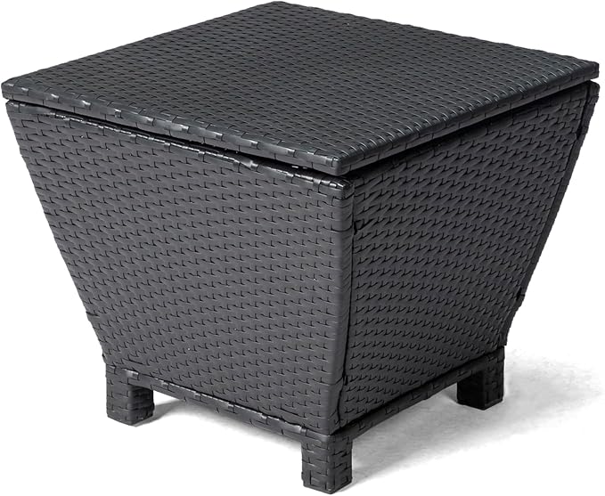 Outdoor Storage Side Table with Lid – PE Wicker Patio Table, 13-Gallon Square Bin for Hose, Cushions – All-Weather Rattan Deck Furniture (Black)