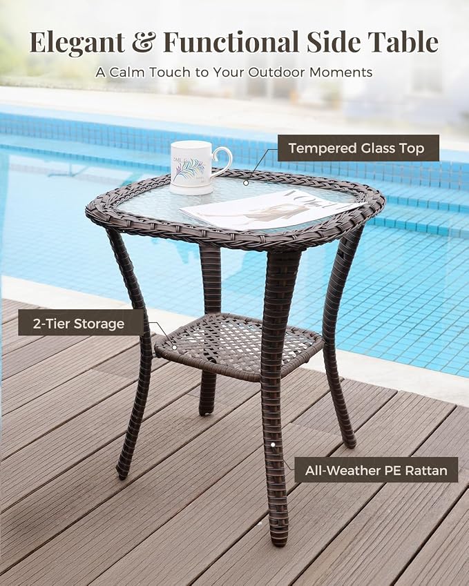 Patio Furniture Set 3 Pieces Luxury Outdoor Bistro with Swivel Rocker Chairs and Side Table, Easy Assembly Conversation Set for Porch Deck Balcony Yard in Brown Wicker and Beige Cushions