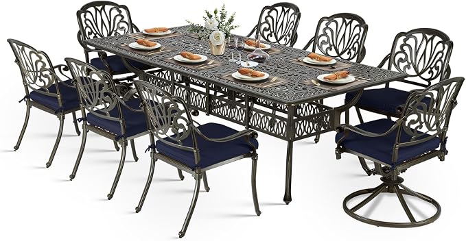 VIVIJASON 9-Piece Outdoor Dining Set, Cast Aluminum Patio Furniture Table & Chairs Set, Include 94.5" Rectangular Table, 2 Swivel Rocker Chair, 6 Stationary Chairs, Umbrella Hole, Navy Blue Cushion