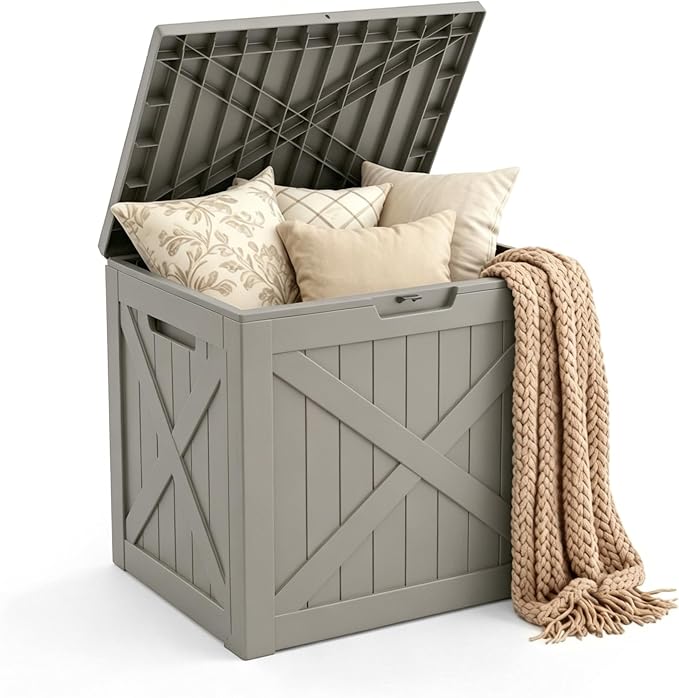 Mars Villa 31 Gallon Barn Style Deck Box, Outdoor Storage Box Waterproof, Lockable Lid, Weatherproof and UV Resistant Resin Storage Bin for Patio Furniture Cushion, Pool Supply, Garden Tool, Grey