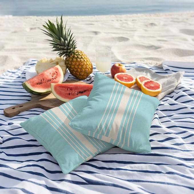 Aqua Beige Striped Outdoor Pillow Covers 20x20 Inch Throw Pillow Covers Set of 2 Waterproof Decorative Pillow Cases Modern Farmhouse Retro Lines Cushion Covers for Patio Furniture Garden Couch Sofa