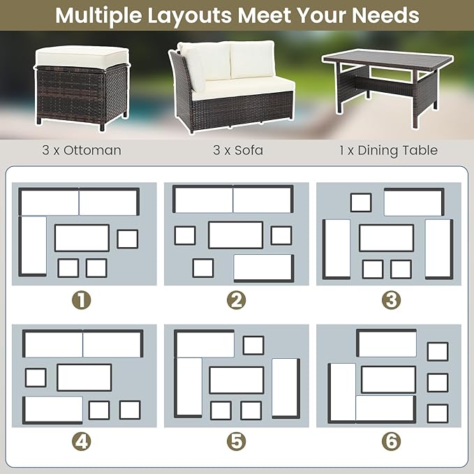KOTEK 7 Pieces Patio Furniture Set, Wicker Outdoor Conversation Set with Dining Table & Ottomans, PE Rattan Outdoor Sectional Sofa Set for Backyard, Deck, Poolside (Off White)