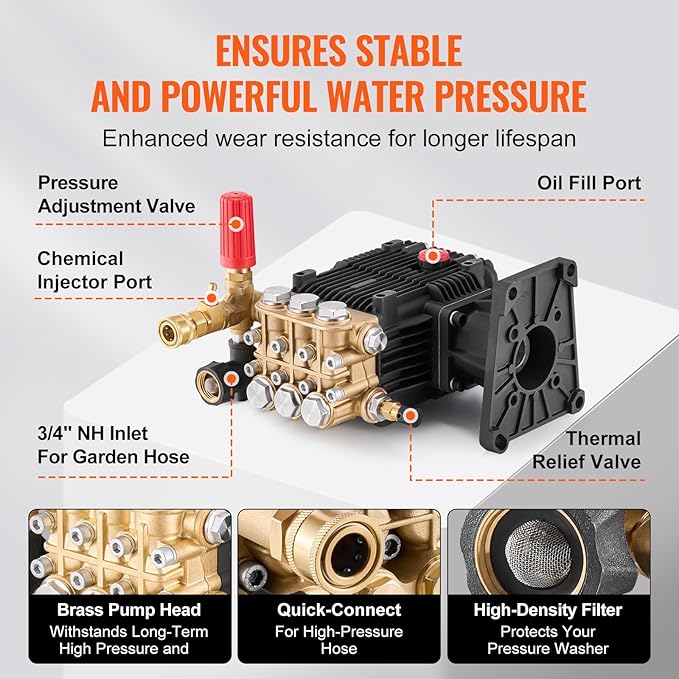 VEVOR Pressure Washer Pump, 1" Shaft Horizontal Triplex Plunger, 4300 PSI, 4.4GPM, Replacement Power Washer Pumps Kit with 5 Nozzles, Compatible with Simpson MorFlex 40224, 40225, 40226, Santoprene