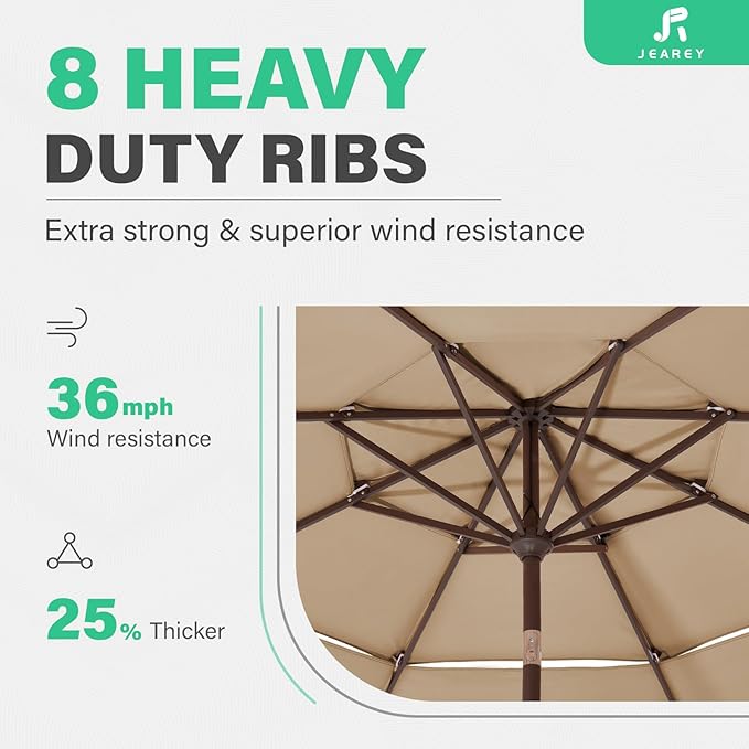 JEAREY 3 Tiers 9 FT Patio Umbrellas Outdoor Table Umbrella with Push Button Market Umbrella 8 Sturdy Ribs UV Protection Waterproof for Garden,Beige