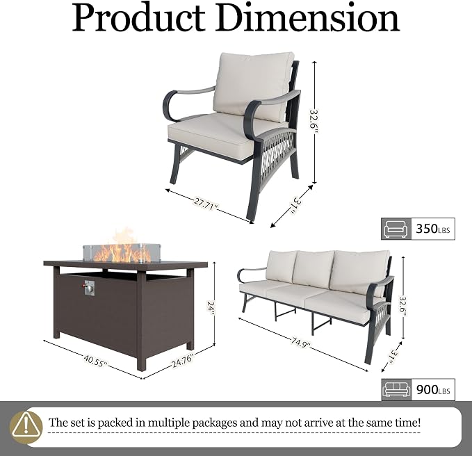 4-Piece Outdoor Furniture Set, Patio Conversation Set Include 3-Seater Sofa Couch Single Chairs with Fire Pit Table for Deck, Porch, Garden, Backyard, Poolside (Beige Cushions)
