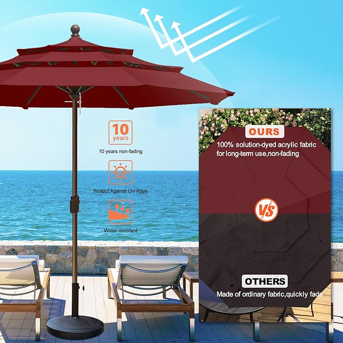 Eurmax USA 10-Year-Non-Fading 10FT 3-Tier Outdoor Patio Market Umbrella,UPF50+ UV Resistant,Heavy Duty Commercial Grade,Crank Lift Design,Windproof Vented Top for Garden,Pool,Deck,Burgundy