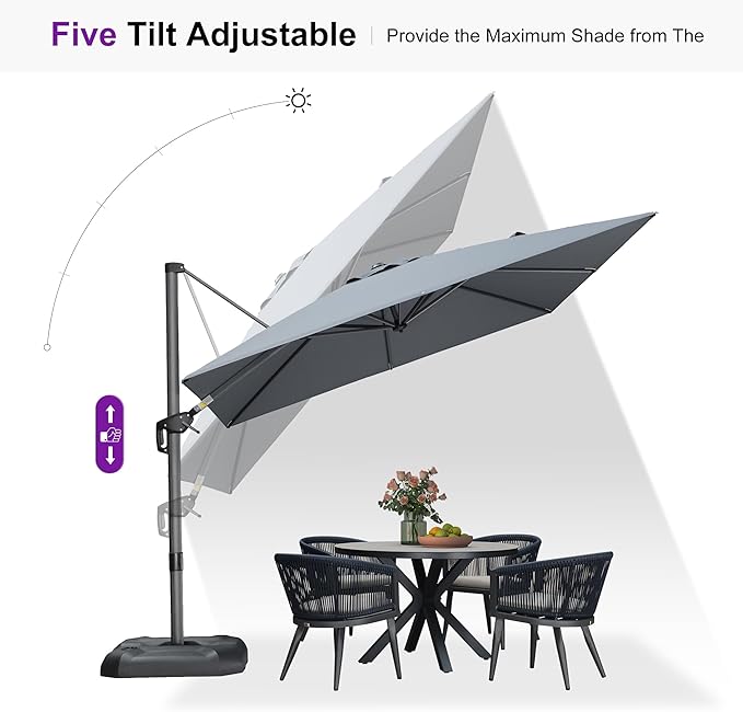 PURPLE LEAF 9'×9' Patio Umbrella with Base Outdoor Cantilever Umbrella with Cover Aluminum Square Offset Umbrella with 360-degree Rotation for Deck Pool Garden Light Grey