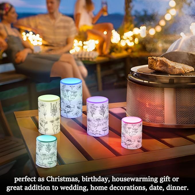 Graffiti Flower Pattern Flameless Candles Color Changing LED Candles with Remote Control Battery Candles for Outdoor and Indoor Home and Room Decoration, 3'' x 4''/5'' Set of 2 Pieces