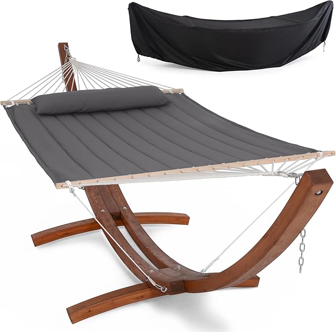 SUNCREAT Hammocks Double Hammock with Wooden Stand, Hammock Cover, Outdoor Hammocks for Outside, 475 lbs Capacity, Dark Gray
