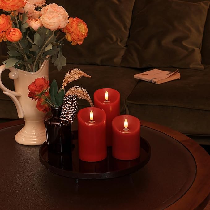 Battery Operated Candles, Real Wax Red LED Candle Flickering Flameless Candles with Remote, 3D Wick Fake Candles for Christmas, Thanksgiving, Home Decor, Party, Gifts, Set of 3, D3"x H4"/5"/6"