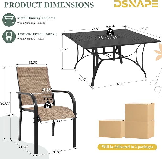 9 Pieces Patio Table and Chairs Set, 59.6" Square Dining Table with Umbrella Hole & 8 Textilene Fixed Chairs, Dining Table Set for 8, Outdoor Furniture for Porch Deck Yard Balcony Lawn, Brown