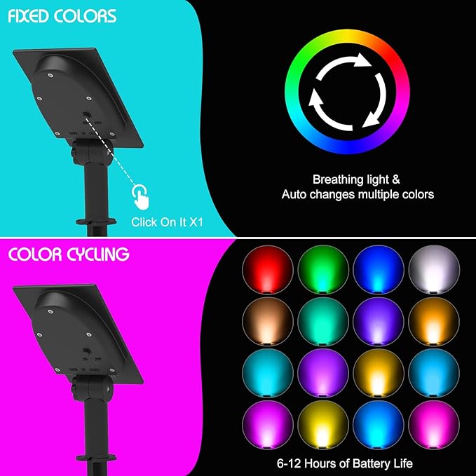 T-SUN RGB Solar Spotlights Outdoor, Christmas Decorations Color Changing Solar Lights, Adjustable Waterproof Landscape Lighting for Garden, Pond, Yard, Trees, Driveway, Pool Area