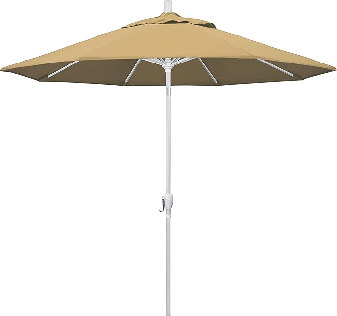 California Umbrella 9' Round Aluminum Market Umbrella, Crank Lift, Push Button Tilt, White Pole, Champagne Olefin