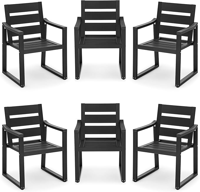 Cozyman HDPS Outdoor Dining Chairs Set of 6, 350LBS, Patio Dining Chairs with Armrest, All Weather Outdoor Kitchen Chairs with Square Frame Legs for Outdoor Indoor, Lawn, Garden, Backyard, Black
