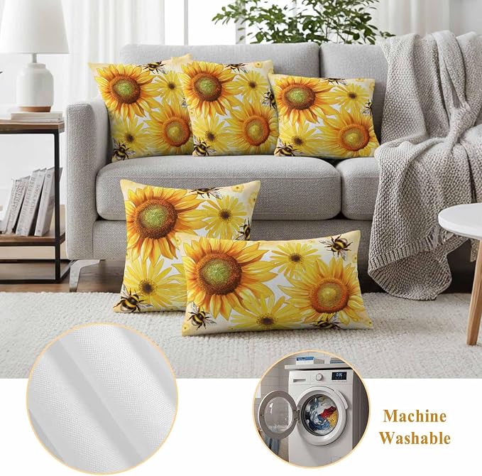 Outdoor Throw Pillow Covers,Rustic Sunflower Yellow Flower Waterproof Decorative Pillowcases Cushion Cover Spring Farmhouse Floral Bee Pillow Cases for Patio Couch Sofa Bed,20x12in Set of 2