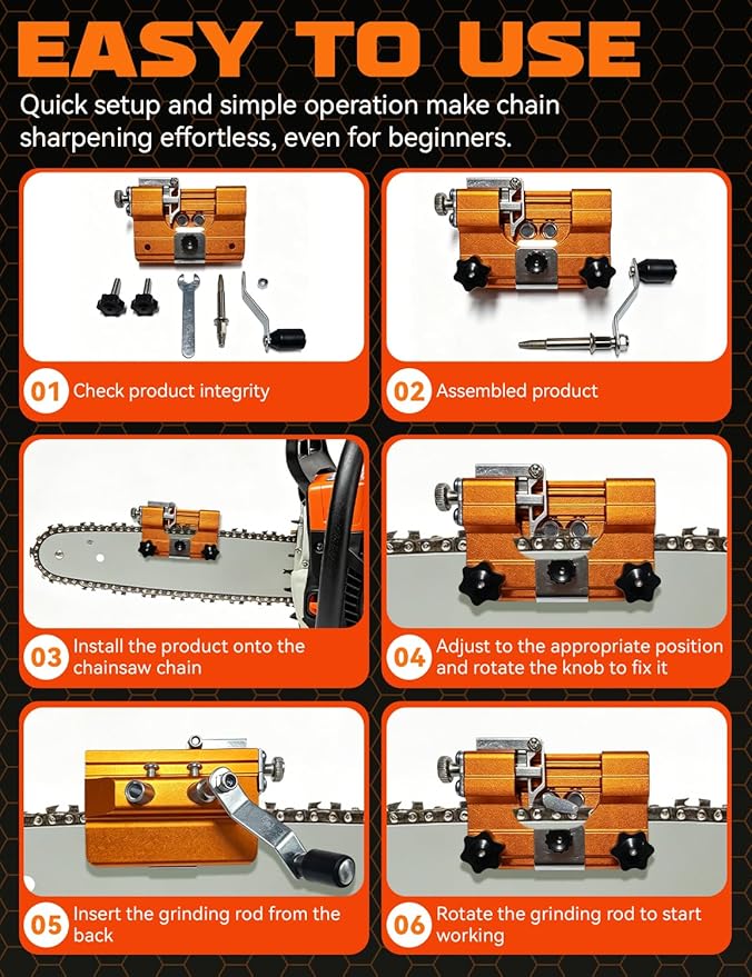 Chainsaw Sharpener Tool, Hand Crank Chain Saw Sharpener with 30° Angle Guide & Adjustable Clamp, Portable Chainsaw Kit for 4-22" Chains Gas & Electric Chainsaws (Orange-Small+5 Head)
