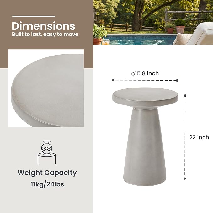 HOMPUS Outdoor Side Table Large, Concrete Side Table Faux Stone Cone Shaped, Patio Round Accent Table, Lightweight MgO Tall Coffee Table Garden Tool for Home Decor, Porch and Deck, Grey