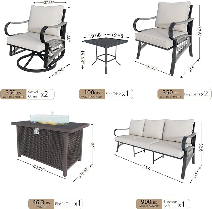 7 Pieces Patio Furniture Set, Metal Outdoor Conversation Sets with Fire Pit Table and Swivel Chairs for Backyard Garden Deck Porch Poolside (Thick Beige Cushions)