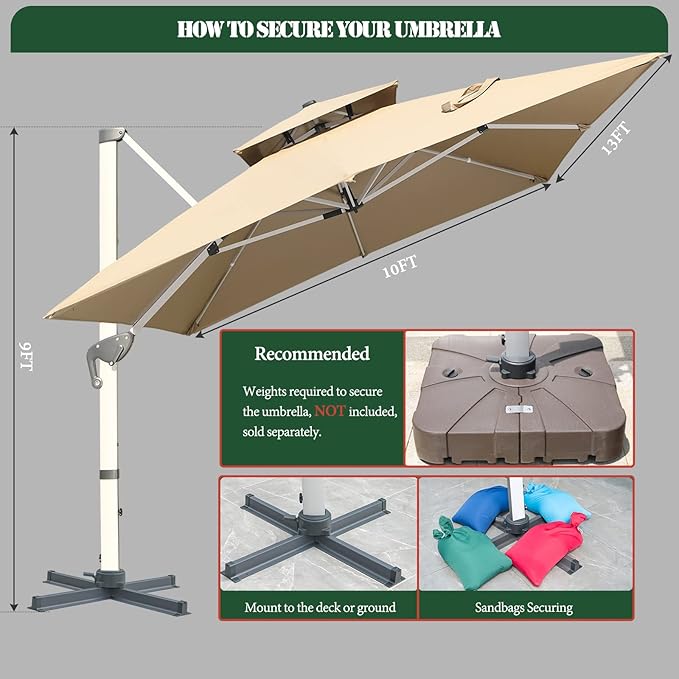 Cantilever Patio Umbrella with Cross Base and Cover Included - 360° Rotation Large Heavy Duty Offset Outdoor Umbrella with Easy Tilt for Pool Backyard Deck Garden (10x13 FT Khaki)