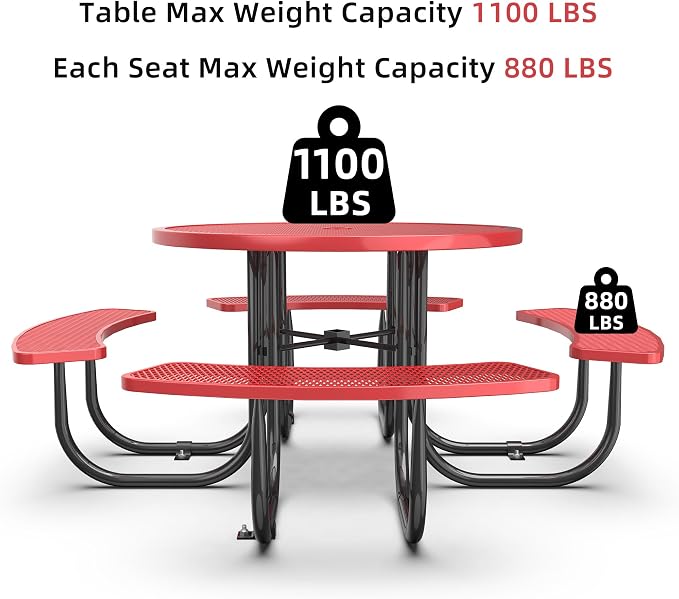 KEIKI 78.7" Heavy-Duty Metal Picnic Table w/2.05" Umbrella Hole, Round Commercial Outdoor Steel Table for 4–8 People, 2.5mm Mesh Top, Rust-Resistant Coating, Patio Backyard Park Dining Furniture, Red