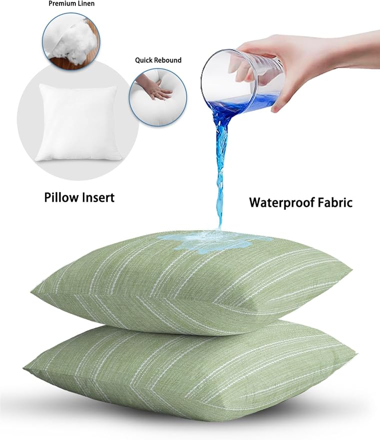 Vandarllin Waterproof Outdoor Pillow 1 Pack Olive Green Linen Stripes Decorative Throw Pillows Cover & Insert 16x16 Inch Pillowcase Parallel Vertical Lines Pillows for Couch Sofa Bed Patio Furniture
