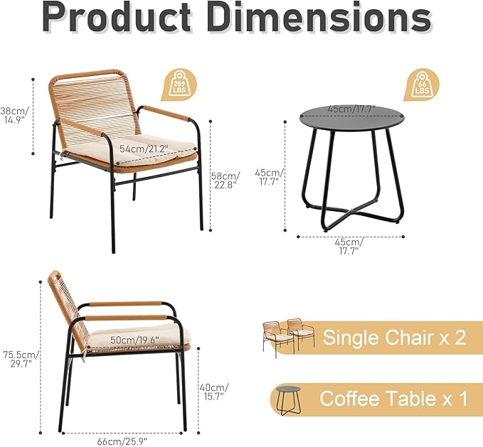 3-Piece Outdoor Wicker Patio Bistro Set, All-Weather Rattan Conversation Set, Patio Furniture Set with with Table & Cushions for Deck, Balcony, Poolside, Porch and Yard, Beige
