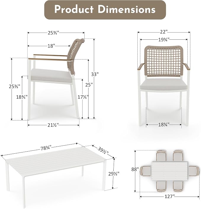 Modern Shade 7 Piece Luxury Outdoor Dining Set, Large Outdoor Table and Chairs with Fade Resistant Cushions & Teak Accents, Premium Aluminum Patio Table and Chairs Set for Outdoor Entertaining, Beige