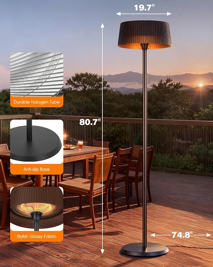 Electric Patio Heater, 1500W Freestanding Infrared Heater for Indoor & Outdoor with IP55 Waterproof, Tip-Over Protection, Quiet Operation, Perfect for Garden, Balcony, Garage, Backyard