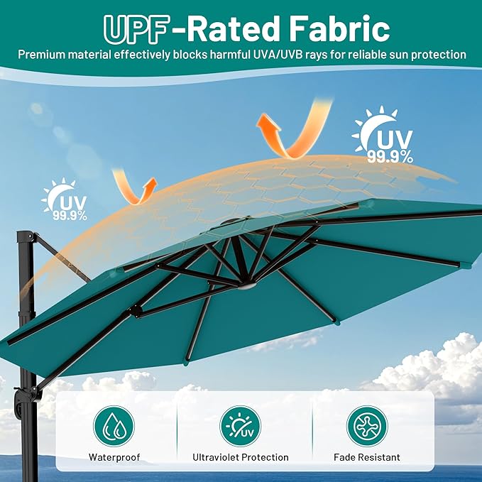 AreShark 11FT Round Cantilever Patio Umbrella with Base Included, 360° Rotation Offset Outdoor Umbrella, 5 Tilt Settings Heavy Duty Hanging Parasol for Deck Garden Pool, Lake Blue