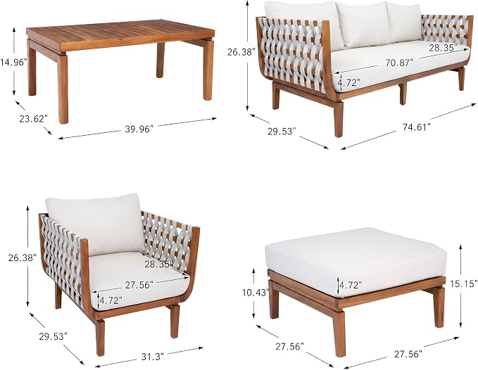 Merax 4 Piece Rope Woven Paito Conversation Set,Outdoor All-Weather Acacia Wood 3-Seater Sofa,Lounge Chair with Ottoman and Cushions,1 Coffee Table for Porch, Lawn, Backyard, Balcon, Teak+ Beige