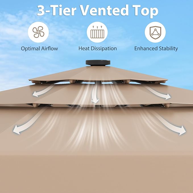 Tangkula 10 FT Solar LED Patio Umbrella, 3-Tiers Scalloped Outdoor Table Market Umbrella with 32 LED Lights, Tilt Adjustment, Crank, 8 Sturdy Ribs for Pool, Deck, Backyard (Tan)