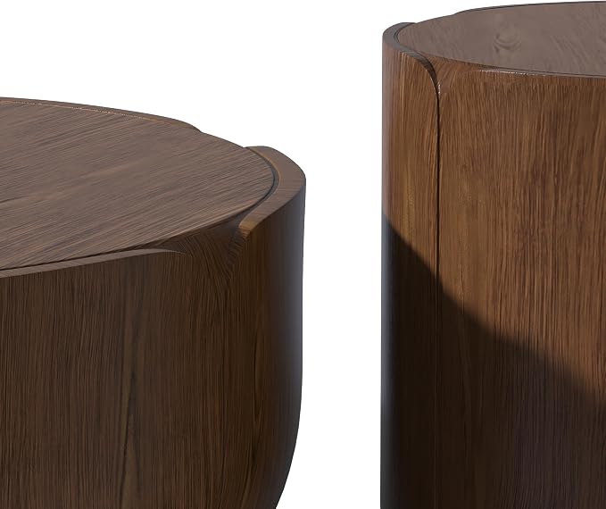 36" Round Coffee Table with 20" Round Side Table Set, Waterproof Sturdy MGO Wood Texture Grain Drum Outdoor Tables Set for Patio Garden Backyard Living Room, No-Assembly, Natural and Brown