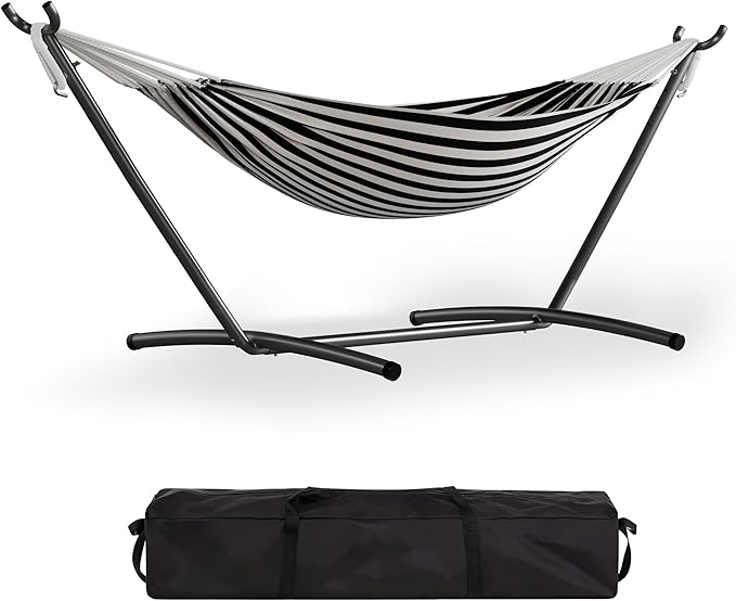 GarveeLife Double 2 Person Hammock, Indoor Outdoor Standing Hammock with Space Saving Steel Stand, Carry Bag, 450 LBS Weight Capacity, Suitable for Garden Camping Beach, Black