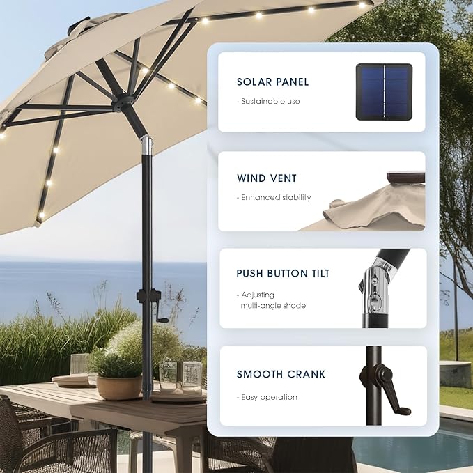 wikiwiki 9FT Solar Led Patio Umbrella with Base Included, 32 LED Lights, 8 Sturdy Ribs, Fade Resistant Waterproof POLYESTER DTY Canopy for Garden, Lawn, Deck, Backyard & Pool, Beige