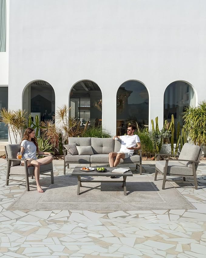 Aluminum Patio Sofa Set, 4 Piece Outdoor Patio Furniture Set with Thick Cushions, All Weather Outdoor Sectional Sofa Couch Sets for Deck, Lawn, Poolside, Backyard, Limed Oak