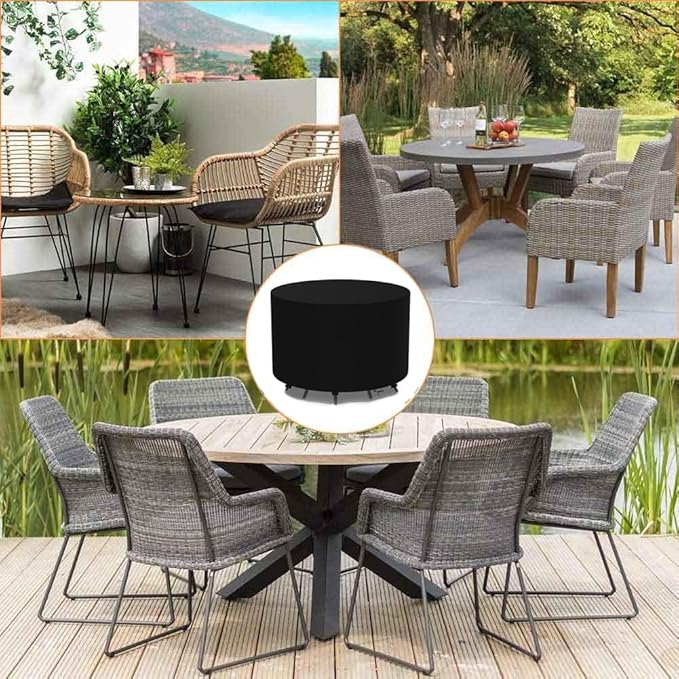 Round Outdoor Table Cover Waterproof 600D Round Patio Furniture Covers Patio Table Cover for Table and Chair Sets Rainproof & Snowproof Patio Cover 108" Dia x 28" H / 270x70cm