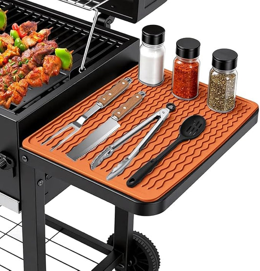 Silicone Grill Tools Mat for Blackstone Weber Traeger Pit Boss Flat Top Grill Smoker,BBQ Accessories Pad Mats for Outdoor Kitchen Counter Cooking, Side Shelf Spatula Mat,Gifts for Men (Orange)