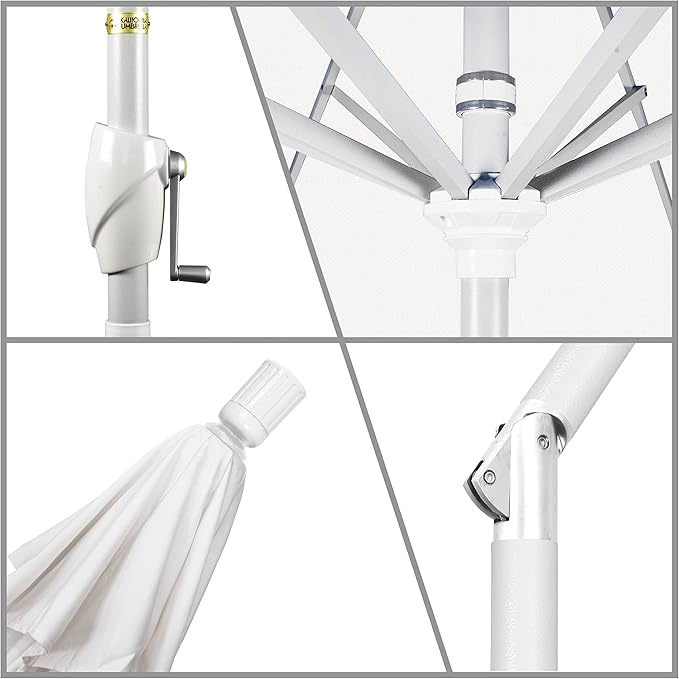 California Umbrella 7.5' Round Aluminum Market Umbrella, Crank Lift, Push Button Tilt, White Pole, White Olefin