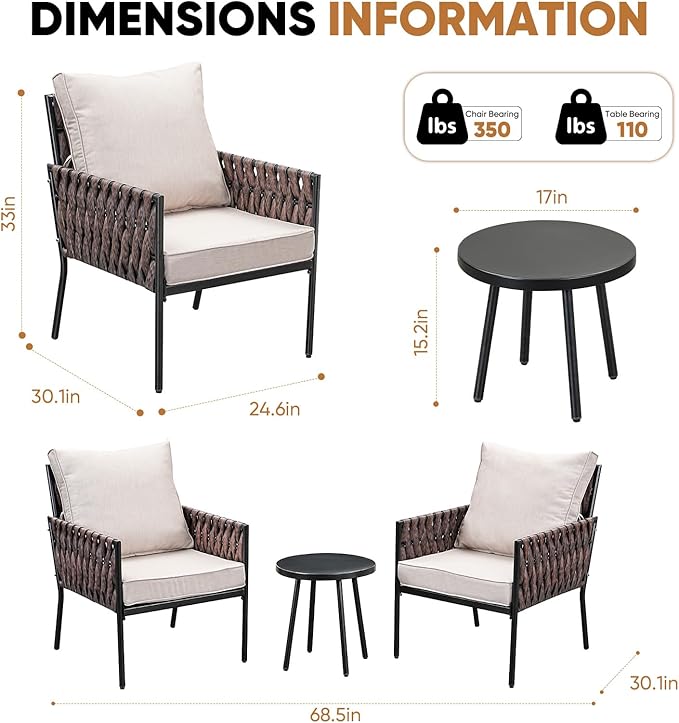 3-Piece Patio Furniture Set, Armchairs with Coffee Table,Modern Wicker Outdoor Conversation Set with Waterproof Thick Cushion for Deck,Backyard,Porch,Beige