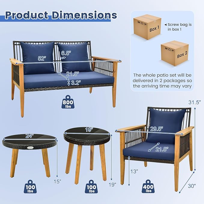 Tangkula 5 Piece Outdoor Conversation Set, Patiojoy Rattan Chair Set with 2 Coffee Tables, Stable Acacia Wood Frame, Cozy Seat & Back Cushions, Patio Wicker Furniture Set for Backyard, Poolside (Navy)