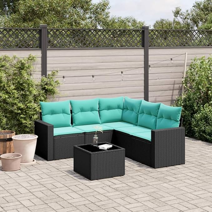 vidaXL Patio Sofa Set with Cushions 6 Piece, Outdoor Sectional Sofa, Conversation Set for Balcony Garden, Patio Furniture, Black Poly Rattan