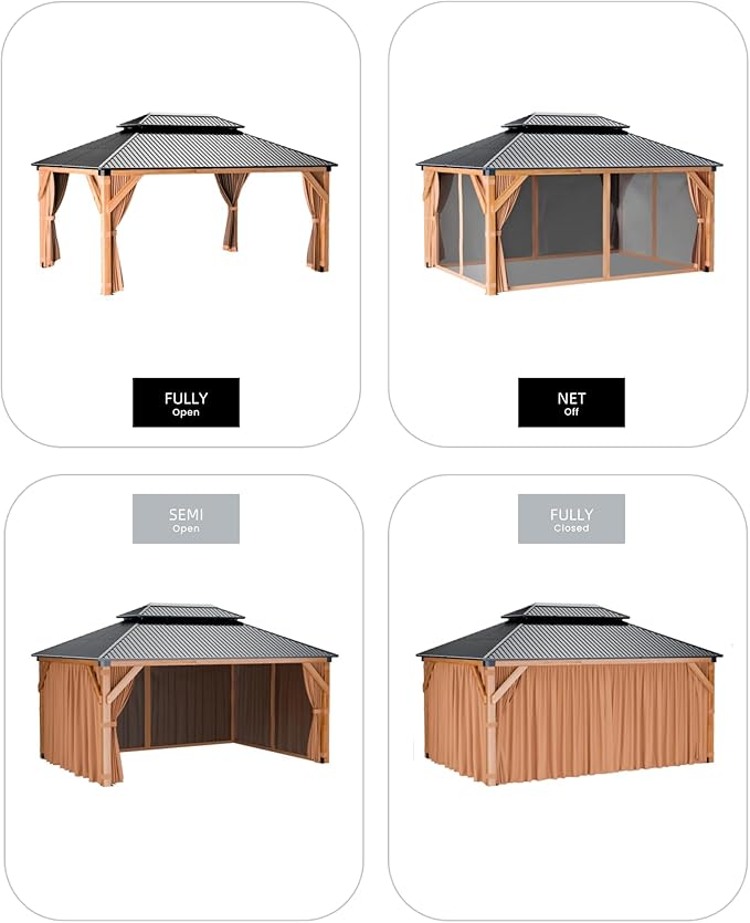 10x12FT Hardtop Wood Gazebo, Cedar Frame Outdoor Pavilion with Double Galvanized Steel Roof, Curtains and Netting Included, Ceiling Hook for Patio Backyard Deck Lawn Garden, Khaki