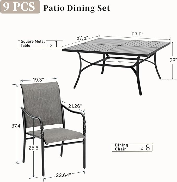 SUNSHINE VALLEY Patio Table and Chairs Set of 8, All-Weather Breathable Textilene Patio Chair with Gourd-Shaped Armrests, 60x60 Square Table with Umbrella Hole, 9 Pcs Metal Frame Patio Dining Set