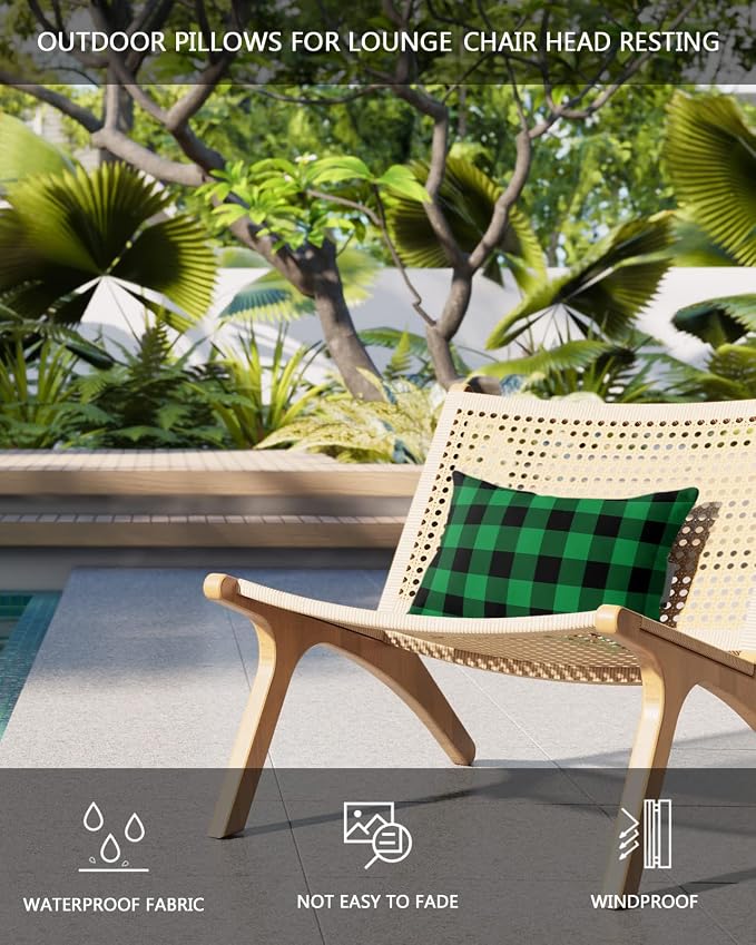 Outdoor Pillows Covers with Inserts Christmas Green and Black Plaid Waterproof Recliner Pillow with Adjustable Strap Throw Pillows for Patio Furniture Pool Lounge Chair, 11x16 inch, 1PCS