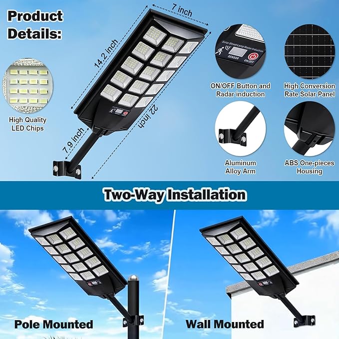 Jercoda Solar Lights Outdoor Waterproof, 50000LM 6500K Dusk to Dawn Solar Powered Street Light Motion Sensor with Remote, LED Security Flood Light for Outside Garden Yard Parking Lot Pathway, 2 Pack