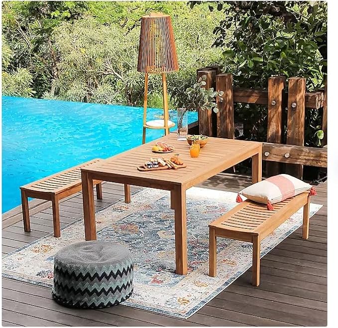 3-Piece Outdoor Dining Set, Teak Wood Table and Benches, Stylish and Durability. Patio Garden Furniture. It's a Perfect Addition to a Patio, Garden, or Deck.