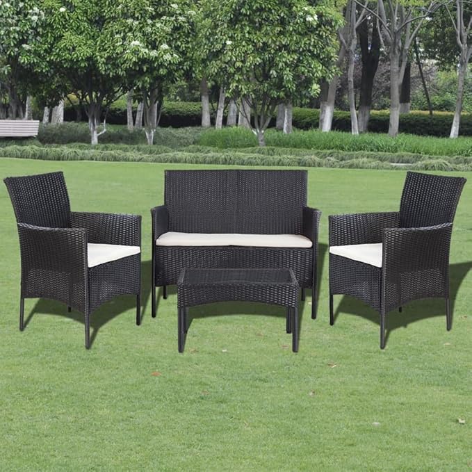 Patio Lounge Set with Cushions,Outdoor Patio Furniture,Outdoor Chat Conversation Set,Garden Furniture Sets,for Patio,Backyard,Garden,Outdoor,4 Piece Poly Rattan Black