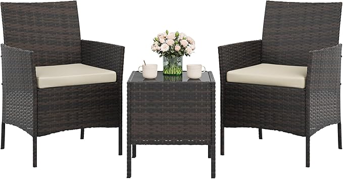 3-Piece Outdoor Furniture Set, PE Rattan Wicker Chairs with Soft Cushions & Tempered Glass Coffee Table - All-Weather Patio Set for Garden, Backyard, Porch, Poolside (Brown/Beige)